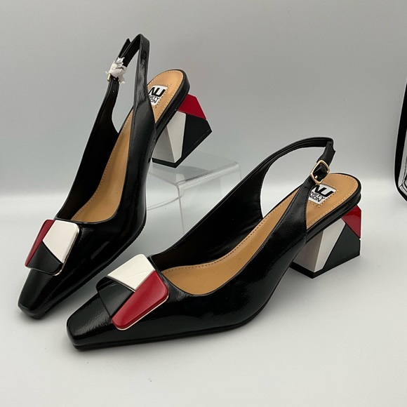 Ninety Union Heels Size 9 Red, White & Black 2.5” Block Heel Slingback - Picture 2 of 6